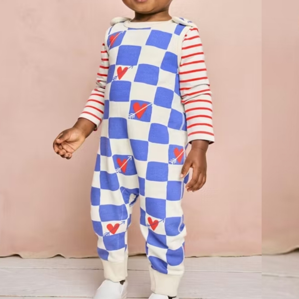 Hanna Anderson Baby French Terry Checkered Heart Overalls 6-12 Months